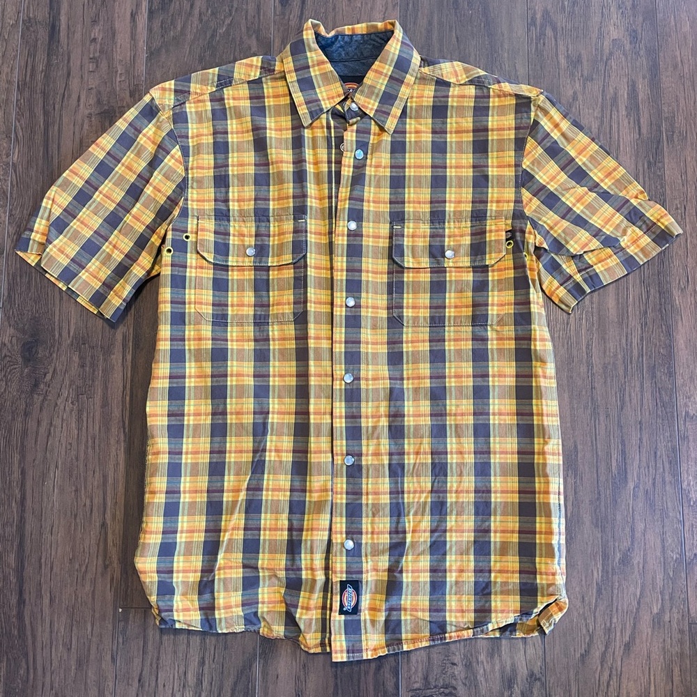 Dickies yellow plaid button up collared casual dress shirt